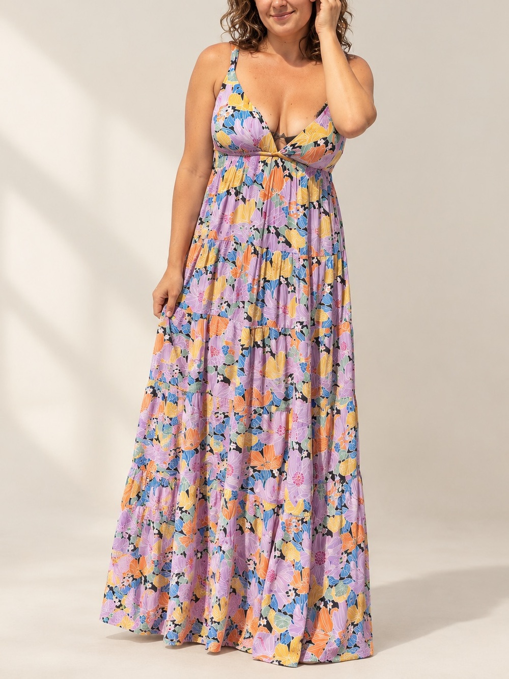 Roxy Floral Tiered Maxi Dress - Lavender, Peach & Blue